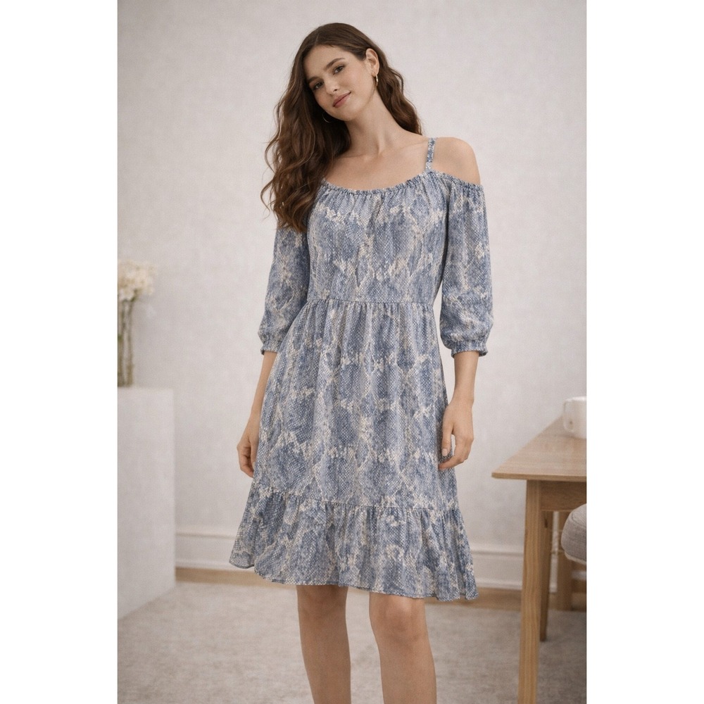 White House Black Market Blue‎ Snakeskin Cold Shoulder Ruffle Dress Large